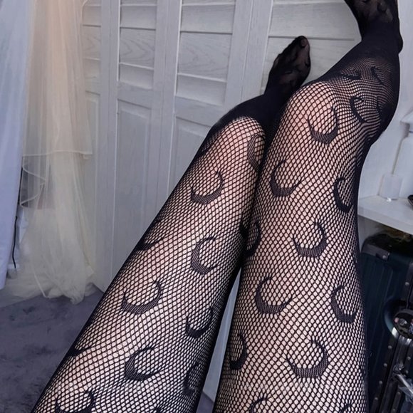 🌙 Celestial Crescent Moon Fishnet Tights Pantyhose Stockings - Picture 3 of 5